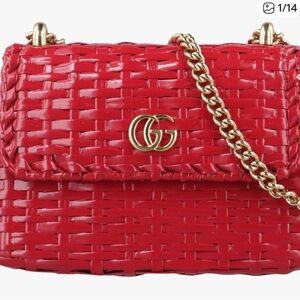 Gucci Red Wicker Woven Mormont  Shoulder Bag with Gold Chain